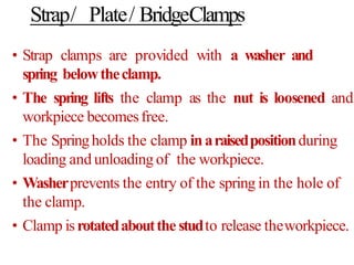 Strap/ Plate/ BridgeClamps
• Strap clamps are provided with a washer and
spring belowtheclamp.
• The spring lifts the clamp as the nut is loosened and
workpiece becomesfree.
• The Springholds the clamp inaraisedpositionduring
loading and unloading of the workpiece.
• Washerprevents the entry of the spring in the hole of
the clamp.
• Clamp isrotatedaboutthe studto release theworkpiece.
 