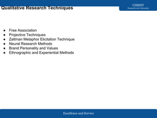 Excellence and Service
CHRIST
Deemed to be University
Qualitative Research Techniques
● Free Association
● Projective Techniques
● Zaltman Metaphor Elicitation Technique
● Neural Research Methods
● Brand Personality and Values
● Ethnographic and Experiential Methods
 