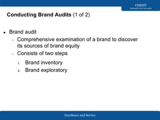 Excellence and Service
CHRIST
Deemed to be University
Conducting Brand Audits (1 of 2)
● Brand audit
○ Comprehensive examination of a brand to discover
its sources of brand equity
○ Consists of two steps
1. Brand inventory
2. Brand exploratory
 