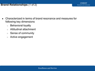Excellence and Service
CHRIST
Deemed to be University
Brand Relationships (1 of 2)
● Characterized in terms of brand resonance and measures for
following key dimensions
○ Behavioral loyalty
○ Attitudinal attachment
○ Sense of community
○ Active engagement
 