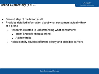 Excellence and Service
CHRIST
Deemed to be University
Brand Exploratory (1 of 3)
● Second step of the brand audit
● Provides detailed information about what consumers actually think
of a brand
○ Research directed to understanding what consumers:
■ Think and feel about a brand
■ Act toward it
○ Helps identify sources of brand equity and possible barriers
 
