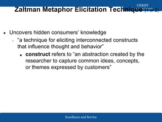 Excellence and Service
CHRIST
Deemed to be University
Zaltman Metaphor Elicitation Technique (1 of 2)
● Uncovers hidden co...