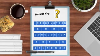 4
I N T R O D U C T I O N
B O D Y
C O N C L U S I O N
T O P I C
S E N T E N C E
 