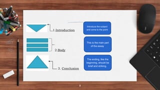 8
1.Introduction
Introduce the subject
and come to the point
2.Body
This is the main part
of the essay.
3. Conclusion
The ending, like the
beginning, should be
brief and striking.
 