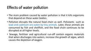 Effects of water pollution
• The main problem caused by water pollution is that it kills organisms
that depend on these water bodies.
• Pollution disrupts the natural food chain as well. Pollutants such as
lead and cadmium are eaten by tiny animals. Later, these animals are
consumed by fish and shellfish, and the food chain continues to be
disrupted at all higher levels.
• Sewage, fertilizer and agricultural run-off contain organic materials
that when discharges into waters, increase the growth of algae, which
causes the depletion of oxygen.
 