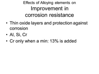 Effects of Alloying elements on
Improvement in
corrosion resistance
• Thin oxide layers and protection against
corrosion
• Al, Si, Cr
• Cr only when a min: 13% is added
 