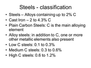 Steels - classification
• Steels – Alloys containing up to 2% C
• Cast Iron – 2 to 4.3% C
• Plain Carbon Steels: C is the main alloying
element
• Alloy steels: in addition to C, one or more
other metallic elements also present
• Low C steels: 0.1 to 0.3%
• Medium C steels: 0.3 to 0.6%
• High C steels: 0.6 to 1.2%
 