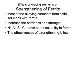 Effects of Alloying elements on
Strengthening of Ferrite
• Most of the alloying elements form solid
solutions with ferrite
• Increase the hardness and strength
• Ni, Al, Si, Cu have better solubility in ferrite
• The effectiveness of strengthening is low
 