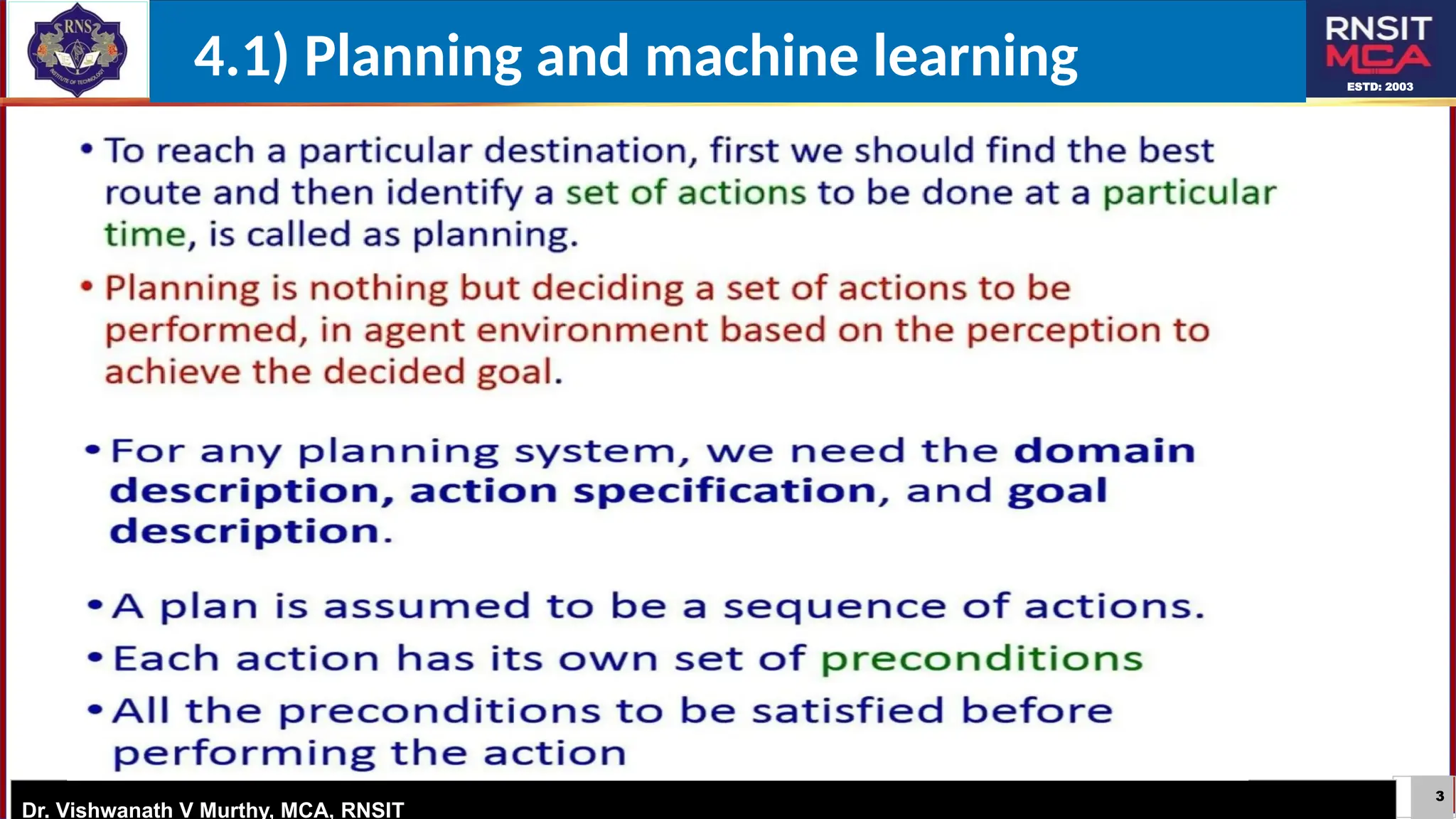 3
ESTD: 2003
Dr. Vishwanath V Murthy, MCA, RNSIT
4.1) Planning and machine learning
 