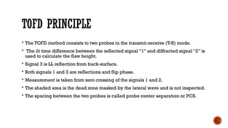 TOFD PRINCIPLE
 The TOFD method consists to two probes in the transmit-receive (T-R) mode.
 The t time difference between the reflected signal “1” and diffracted signal “2” is
Δ
used to calculate the flaw height.
 Signal 3 is LL reflection from back-surface.
 Both signals 1 and 3 are reflections and flip phase.
 Measurement is taken from zero crossing of the signals 1 and 2.
 The shaded area is the dead zone masked by the lateral wave and is not inspected.
 The spacing between the two probes is called probe center separation or PCS.
 