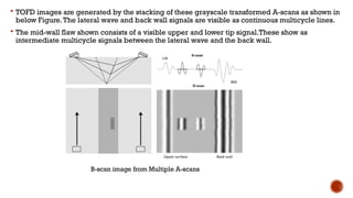  TOFD images are generated by the stacking of these grayscale transformed A-scans as shown in
below Figure.The lateral wave and back wall signals are visible as continuous multicycle lines.
 The mid-wall flaw shown consists of a visible upper and lower tip signal.These show as
intermediate multicycle signals between the lateral wave and the back wall.
B-scan image from Multiple A-scans
 