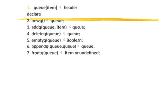 1. queue[item]  header
declare
2. newq() queue;
3. addq(queue, item) queue;
4. deleteq(queue)  queue;
5. emptyq(queue) Boolean;
6. appendq(queue,queue) queue;
7. frontq(queue)  Item or undefined;
 