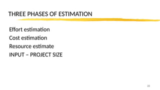 THREE PHASES OF ESTIMATION
Effort estimation
Cost estimation
Resource estimate
INPUT – PROJECT SIZE
22
 