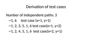 Derivation of test cases
Number of independent paths: 3
–1, 6 test case (x=1, y=1)
–1, 2, 3, 5, 1, 6 test case(x=1, y=2)
–1, 2, 4, 5, 1, 6 test case(x=2, y=1)
 