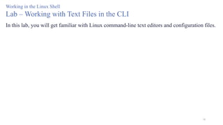 18
Working in the Linux Shell
Lab – Working with Text Files in the CLI
In this lab, you will get familiar with Linux command-line text editors and configuration files.
 