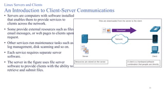 20
Linux Servers and Clients
An Introduction to Client-Server Communications
• Servers are computers with software installed
that enables them to provide services to
clients across the network.
• Some provide external resources such as files,
email messages, or web pages to clients upon
request.
• Other services run maintenance tasks such as
log management, disk scanning and so on.
• Each service requires separate server
software.
• The server in the figure uses file server
software to provide clients with the ability to
retrieve and submit files.
 
