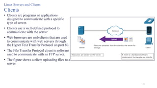 23
Linux Servers and Clients
Clients
• Clients are programs or applications
designed to communicate with a specific
type of server.
• Clients use a well-defined protocol to
communicate with the server.
• Web browsers are web clients that are used
to communicate with web servers through
the Hyper Text Transfer Protocol on port 80.
• The File Transfer Protocol client is software
used to communicate with an FTP server.
• The figure shows a client uploading files to a
server.
 