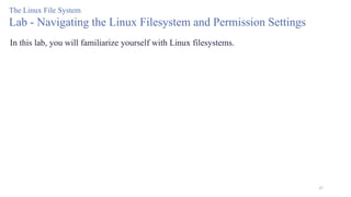47
The Linux File System
Lab - Navigating the Linux Filesystem and Permission Settings
In this lab, you will familiarize yourself with Linux filesystems.
 