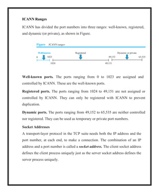 49,152 65,535
0 1023
ICANN Ranges
ICANN has divided the port numbers into three ranges: well-known, registered,
and dynamic (or private), as shown in Figure.
Figure ICANN ranges
Well-known Registered Dynamic or private
1024 49,151
Well-known ports. The ports ranging from 0 to 1023 are assigned and
controlled by ICANN. These are the well-known ports.
Registered ports. The ports ranging from 1024 to 49,151 are not assigned or
controlled by ICANN. They can only be registered with ICANN to prevent
duplication.
Dynamic ports. The ports ranging from 49,152 to 65,535 are neither controlled
nor registered. They can be used as temporary or private port numbers.
Socket Addresses
A transport-layer protocol in the TCP suite needs both the IP address and the
port number, at each end, to make a connection. The combination of an IP
address and a port number is called a socket address. The client socket address
defines the client process uniquely just as the server socket address defines the
server process uniquely.
 