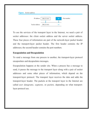 Figure Socket address
IP address 200.23.56.8 69 Port number
Socket address 200.23.56.8 69
To use the services of the transport layer in the Internet, we need a pair of
socket addresses: the client socket address and the server socket address.
These four pieces of information are part of the network-layer packet header
and the transport-layer packet header. The first header contains the IP
addresses; the second header contains the port numbers.
Encapsulation and Decapsulation
To send a message from one process to another, the transport-layer protocol
encapsulates and decapsulates messages.
Encapsulation happens at the sender site. When a process has a message to
send, it passes the message to the transport layer along with a pair of socket
addresses and some other pieces of information, which depend on the
transport-layer protocol. The transport layer receives the data and adds the
transport-layer header. The packets at the transport layer in the Internet are
called user datagrams, segments, or packets, depending on what transport-
layer protocol use.
 