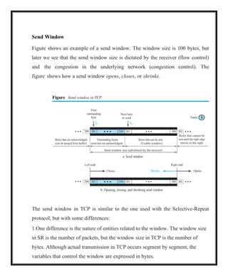 Sf Sn
200
bytes
(Usable window)
Bytes that cannot be
moves to the right
Send window size (advertised by the receiver)
300
260 261
201 301
Send Window
Figure shows an example of a send window. The window size is 100 bytes, but
later we see that the send window size is dictated by the receiver (flow control)
and the congestion in the underlying network (congestion control). The
figure shows how a send window opens, closes, or shrinks.
Figure Send window in TCP
First
outstanding
byte
Next byte
to send
a. Send window
Timer
Left wall Right wall
Opens
b. Opening, closing, and shrinking send window
The send window in TCP is similar to the one used with the Selective-Repeat
protocol, but with some differences:
1.One difference is the nature of entities related to the window. The window size
in SR is the number of packets, but the window size in TCP is the number of
bytes. Although actual transmission in TCP occurs segment by segment, the
variables that control the window are expressed in bytes.
Closes Shrinks
200 201 260 261 300 301
 