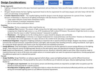 Design Considerations:
Design Approach:
• Lighting is designed based on the space functional requirement and user behaviour. Select possible lamps available in the market to meet the
objective.
• Designer should estimate the basic lighting requirement based on the lux requirement for each lamp category and select lamp with best life
cycle cost and energy saving potential.
• Consider Maintenance factor – The installed lighting should be design to meet the design requirement for a period of time. A gradual
decrease of illuminance is observed in all lighting technologies with time because of following reasons:
• Lamp output reduction (Lamp lumen maintenance factor)
• Dirt on luminaire (Luminaire maintenance factor)
• Dirt on room surfaces (utilization factor)
Function:
• Visual Function- The key components within visual function are:
• Luminous Flux (Lumens): The amount of light coming from the light source (lumens). It is measured in lumens. Lumen is used for
comparing how bright the light source is. ( e.g. 60 W incandescent bulb is about 850 lumen). The amount of light that travels in certain
direction from the source is called “luminous intensity” (measured in candles).
• Illuminance – The lighting level at the working desk or a space should be adequate and comfortable.
• Uniformity of Illuminance: Uniformity is an integral fundamental for visual performance and discomfort. Variation on illuminance not
only hampers the overall appearance of a space, but also to the comfort levels and energy consumption.
• Architectural Integration: Integration of lighting could play an important role in overall architectural design. Designer may choose a suitable
luminaire like recessed luminaire, suspended luminaire, spot lights, wall mounted, floor standing luminaire, ceiling mounted etc. Each type is
for a particular design approach and chosen as per the requirement and installation provisions.
• Energy Efficiency: Lamp technologies, luminaire specifications, and controls are the key approach to ensure energy efficiency in the lighting
design. These measures control the lighting power density on the work plane/ space and operational timings for maximized returns.
• Costs (Capital and Operational) – Capital cost and operational cost are, directly or indirectly, linked to each other. Effort should be made to
maximize these two in terms of life cycle cost analysis where an increased capital cost saves the operational expenditure, thereby paying back
the additional capital cost in a desired time period.
Layout:
• Design flexibility: Design flexibility is an advance approach which allows a space and lighting design to be used for different functional
requirements at different time. The key benefit for the same is the effective use of materials and space. Advance lighting design should be
flexible to:
• Use lights as per requirement: Use of occupancy sensors and dimming controls are required to use lights when occupied as per the
desired lux level prescribe for a specific purpose.
• Reconfiguration of lighting system: reconfiguration helps to reduce the electrical and mechanical effectively with the use of modular
wiring and removable lighting system to suit different functional requirement.
Design
Approach Function Layout
 