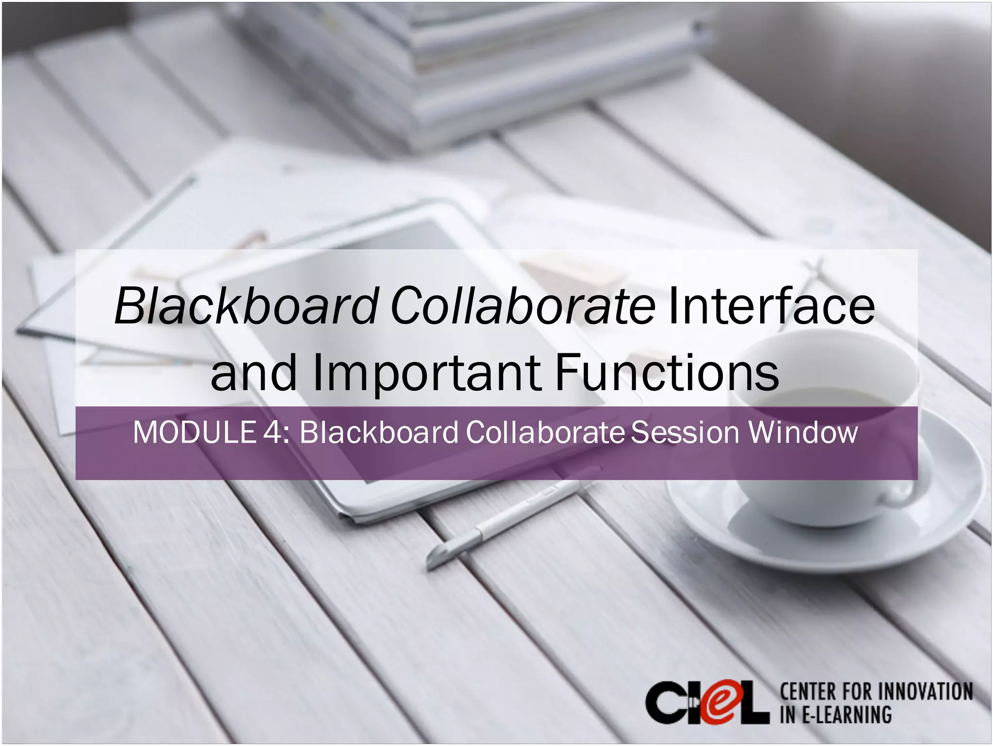 Blackboard Collaborate Interface
and Important Functions
MODULE 4: Blackboard CollaborateSession Window
 