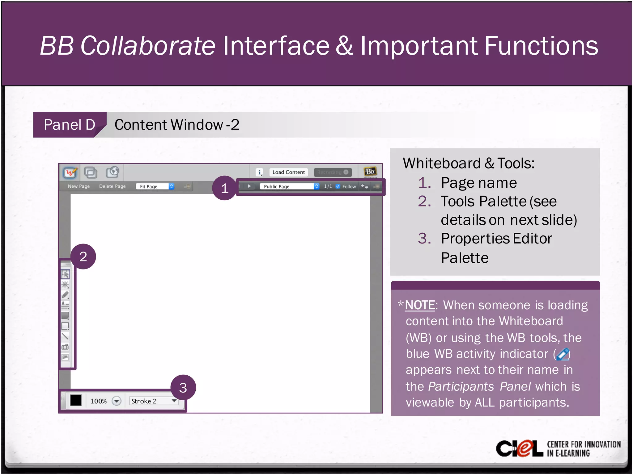 BB Collaborate Interface & Important Functions
Panel D Content Window -2
Whiteboard & Tools:
1. Page name
2. Tools Palette(see
detailson next slide)
3. PropertiesEditor
Palette
1
2
3
*NOTE: When someone is loading
content into the Whiteboard
(WB) or using the WB tools, the
blue WB activity indicator ( )
appears next to their name in
the Participants Panel which is
viewable by ALL participants.
 