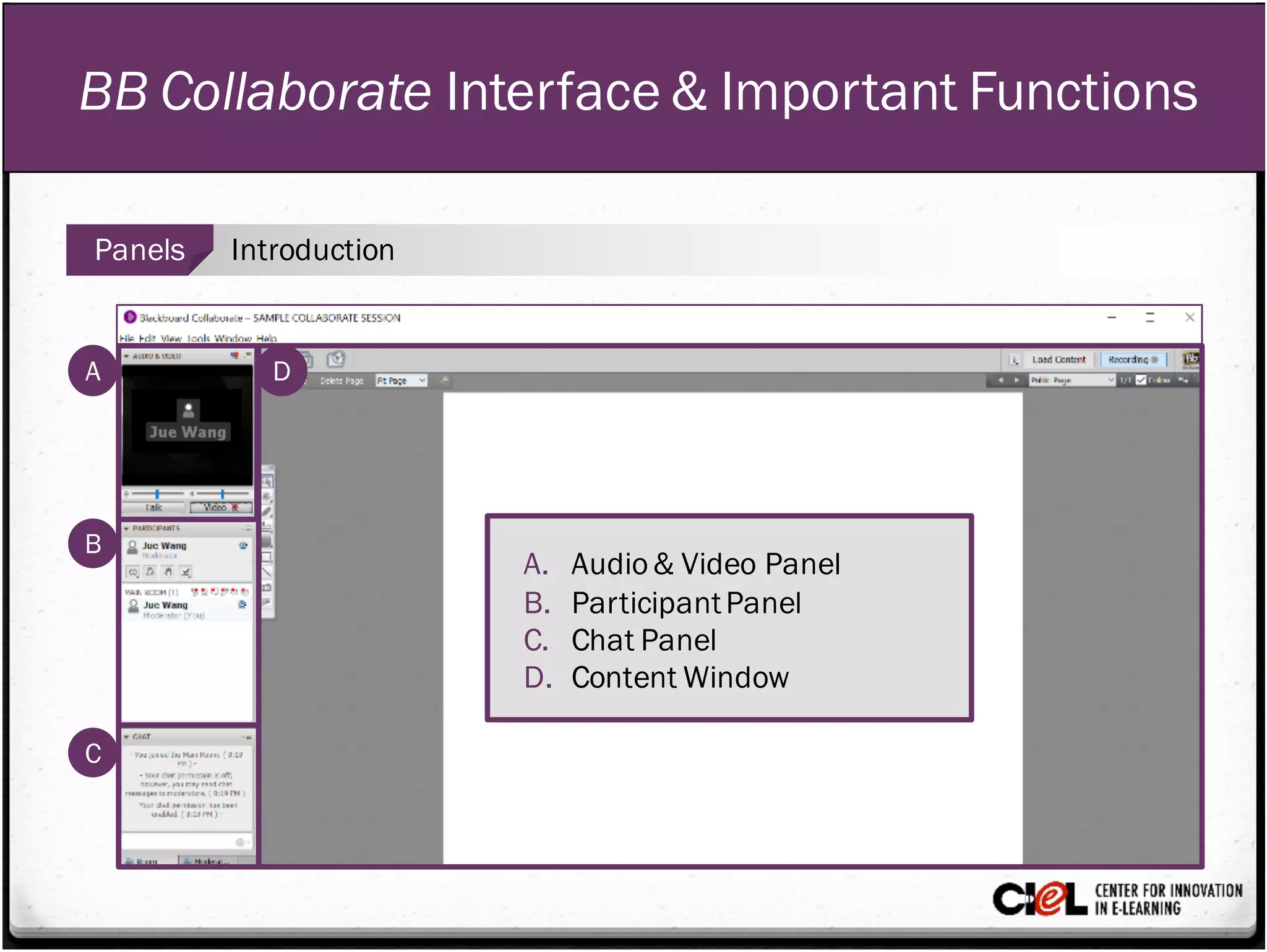 BB Collaborate Interface & Important Functions
A
B
C
D
A. Audio& Video Panel
B. ParticipantPanel
C. Chat Panel
D. Content Window
Panels Introduction
 