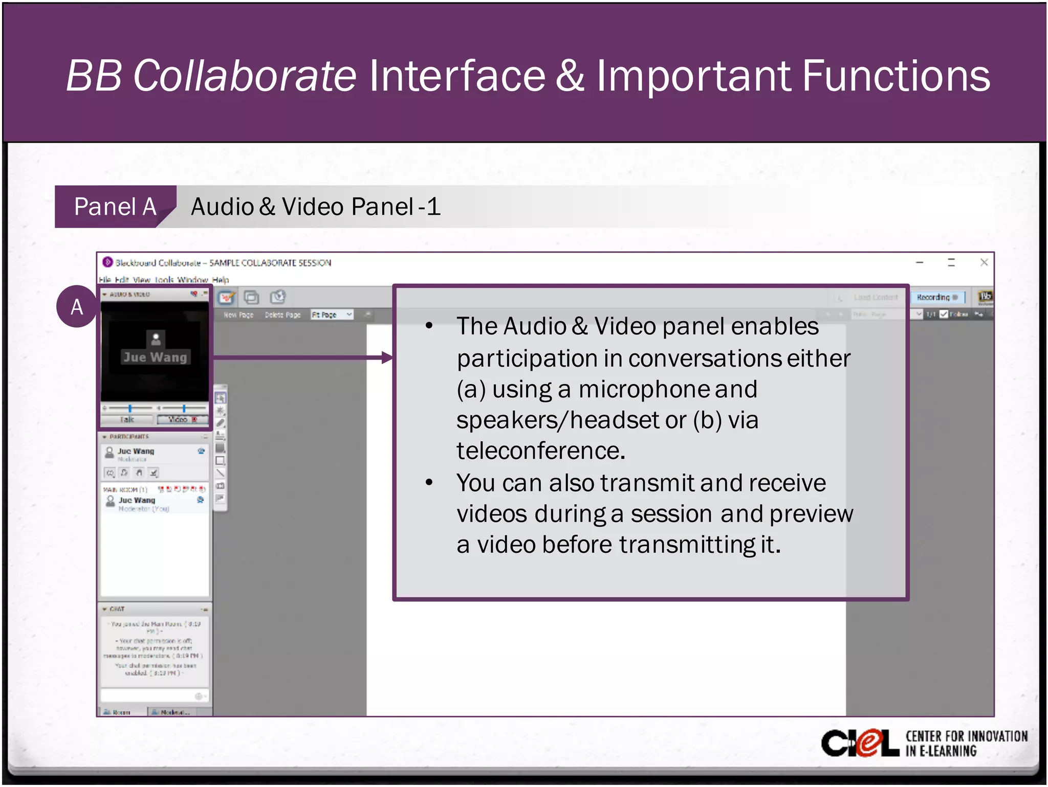 BB Collaborate Interface & Important Functions
Panel A Audio& Video Panel -1
A
• The Audio& Video panel enables
participation in conversationseither
(a) using a microphoneand
speakers/headset or (b) via
teleconference.
• You can also transmit and receive
videos during a session and preview
a video before transmitting it.
 