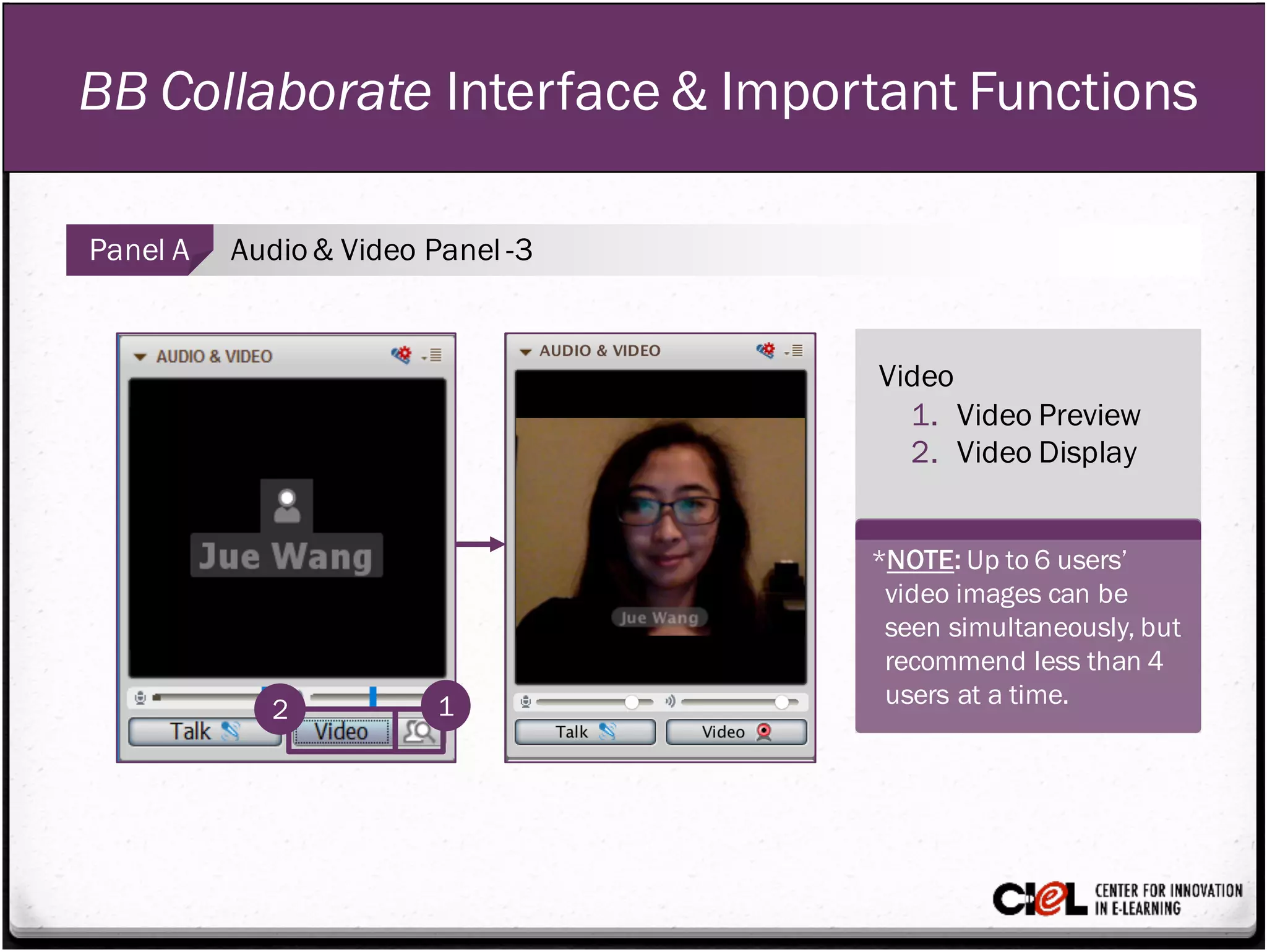 BB Collaborate Interface & Important Functions
Video
1. Video Preview
2. Video Display
Panel A Audio& Video Panel -3
2
*NOTE: Up to 6 users’
video images can be
seen simultaneously, but
recommend less than 4
users at a time.1
 