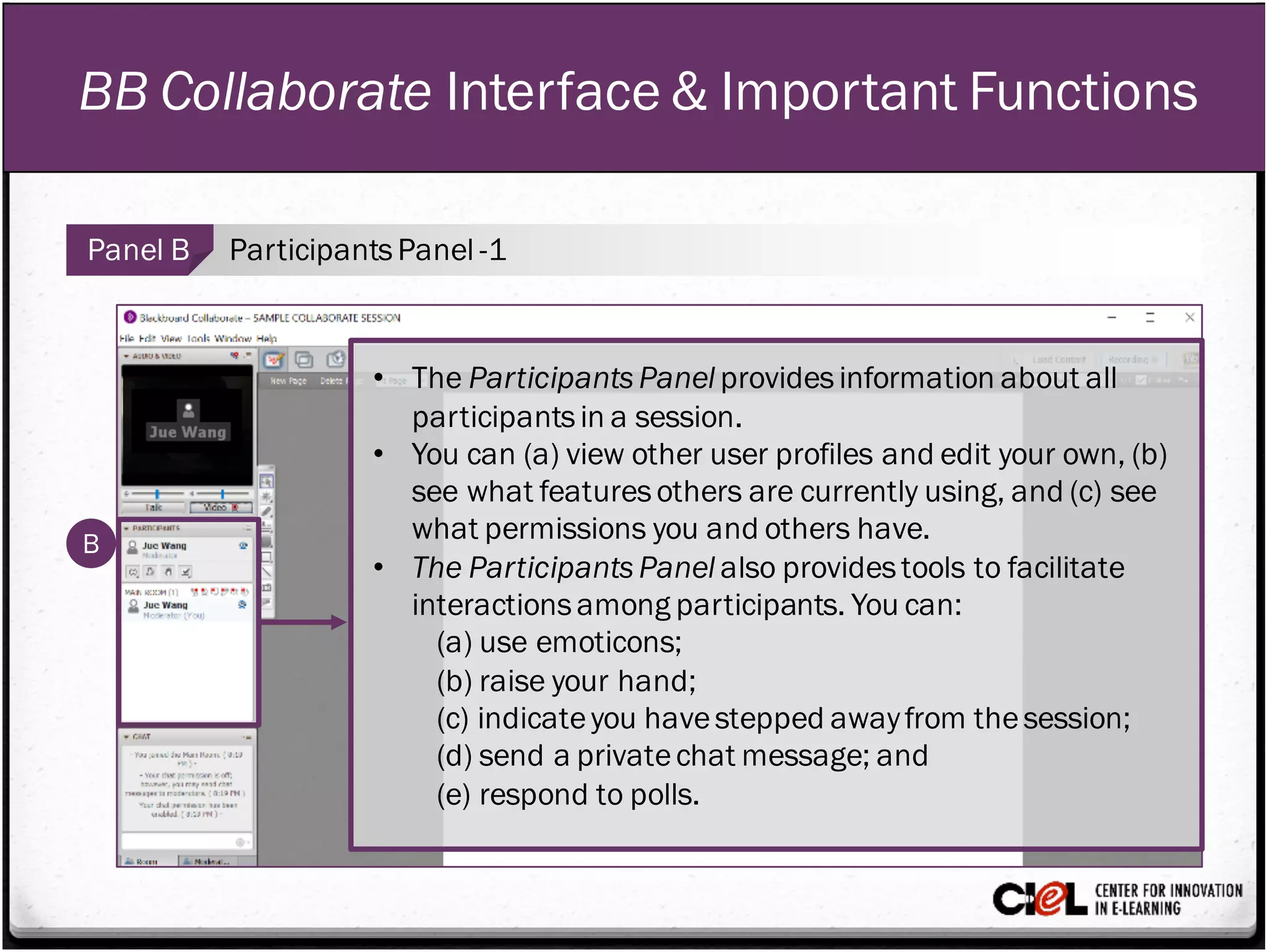 BB Collaborate Interface & Important Functions
Panel B ParticipantsPanel -1
B
• The ParticipantsPanel providesinformation about all
participantsin a session.
• You can (a) view other user profiles and edit your own, (b)
see what featuresothers are currently using, and (c) see
what permissions you and others have.
• The ParticipantsPanel also providestools to facilitate
interactionsamong participants. You can:
(a) use emoticons;
(b) raise your hand;
(c) indicateyou havestepped awayfrom thesession;
(d) send a privatechat message; and
(e) respond to polls.
 