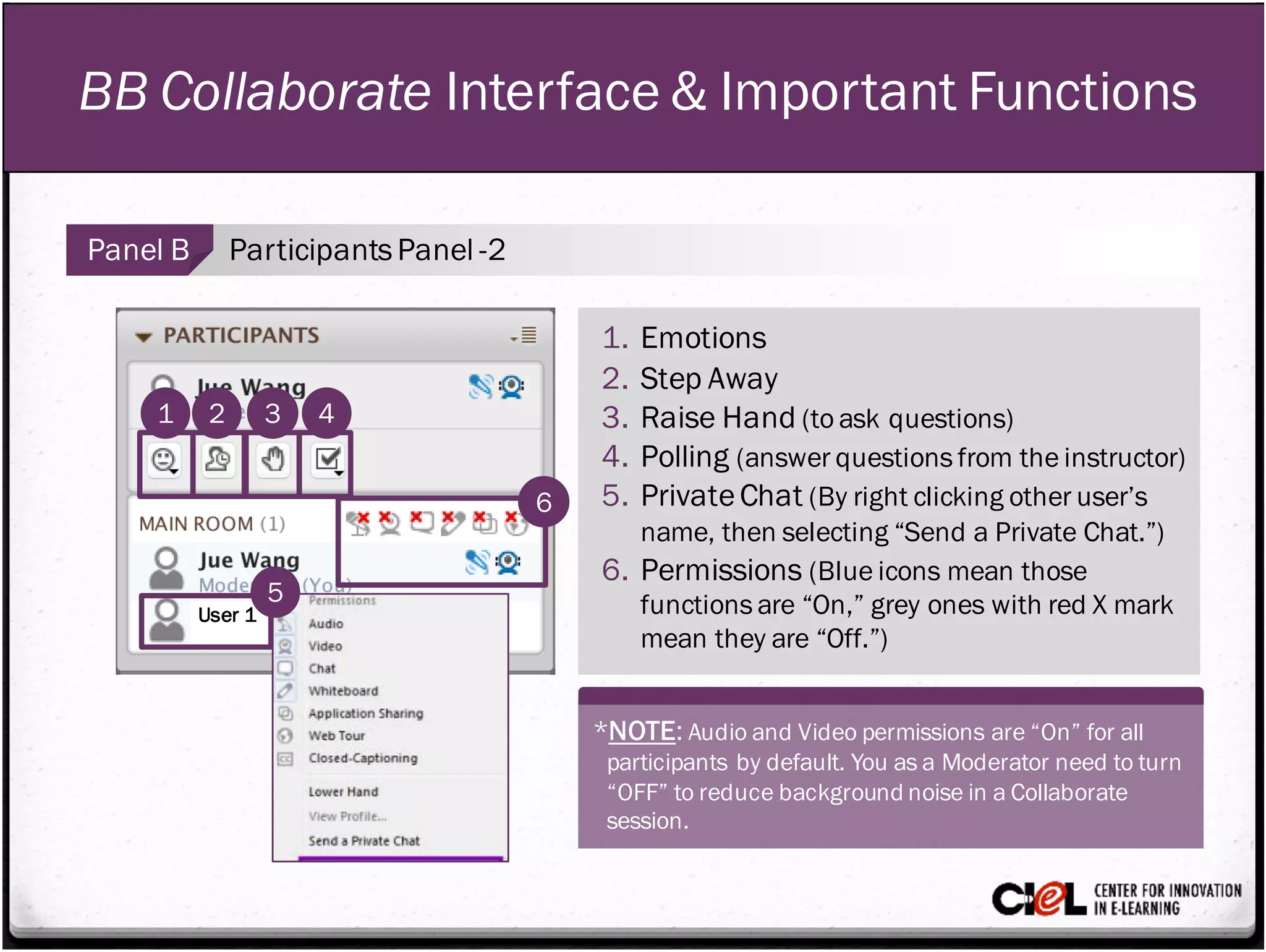 BB Collaborate Interface & Important Functions
Panel B ParticipantsPanel -2
1
1. Emotions
2. Step Away
3. Raise Hand (to ask questions)
4. Polling (answer questions from the instructor)
5. PrivateChat (By right clicking other user’s
name, then selecting “Send a Private Chat.”)
6. Permissions (Blue icons mean those
functions are “On,” grey ones with red X mark
mean they are “Off.”)
2 3 4
6
*NOTE: Audio and Video permissions are “On” for all
participants by default. You as a Moderator need to turn
“OFF” to reduce background noise in a Collaborate
session.
User 1
5
 