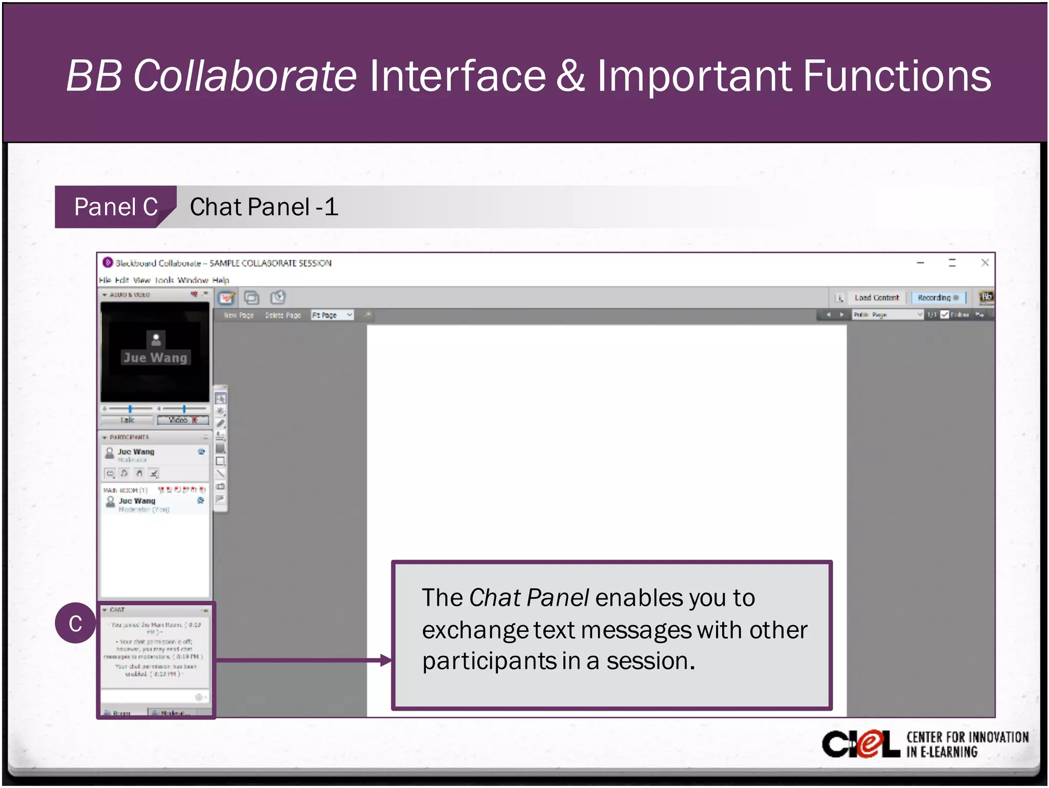 BB Collaborate Interface & Important Functions
Panel C Chat Panel -1
C
The Chat Panel enables you to
exchangetext messageswith other
participantsin a session.
 