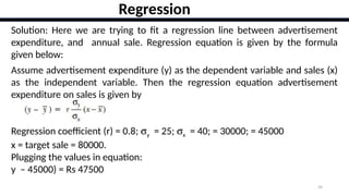 39
Solution: Here we are trying to fit a regression line between advertisement
expenditure, and annual sale. Regression equation is given by the formula
given below:
Regression
Assume advertisement expenditure (y) as the dependent variable and sales (x)
as the independent variable. Then the regression equation advertisement
expenditure on sales is given by
Regression coefficient (r) = 0.8; sy = 25; sx = 40; = 30000; = 45000
x = target sale = 80000.
Plugging the values in equation:
y – 45000) = Rs 47500
 