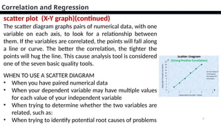 6
scatter plot (X-Y graph)(continued)
The scatter diagram graphs pairs of numerical data, with one
variable on each axis, to look for a relationship between
them. If the variables are correlated, the points will fall along
a line or curve. The better the correlation, the tighter the
points will hug the line. This cause analysis tool is considered
one of the seven basic quality tools.
WHEN TO USE A SCATTER DIAGRAM
• When you have paired numerical data
• When your dependent variable may have multiple values
for each value of your independent variable
• When trying to determine whether the two variables are
related, such as:
• When trying to identify potential root causes of problems
Correlation and Regression
 