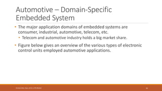 Automotive – Domain-Specific
Embedded System
• The major application domains of embedded systems are
consumer, industrial, automotive, telecom, etc.
• Telecom and automotive industry holds a big market share.
• Figure below gives an overview of the various types of electronic
control units employed automotive applications.
43
Shrishail Bhat, Dept. of ECE, AITM Bhatkal
 