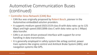 Automotive Communication Buses
(continued)
• Controller Area Network (CAN) Bus
• CAN Bus was originally proposed by Robert Bosch, pioneer in the
Automotive embedded solution providers.
• It supports medium speed (ISO11519-class B with data rates up to 125
Kbps) and high speed (IS011898 class C with data rates up to 1 Mbps)
data transfer.
• CAN is an event-driven protocol interface with support for error
handling in data transmission.
• It is generally employed in safety system like airbag control; power
train systems like engine control and Antilock Brake System (ABS); and
navigation systems like GPS.
49
Shrishail Bhat, Dept. of ECE, AITM Bhatkal
 