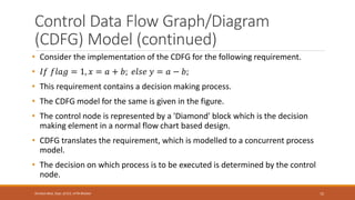 Control Data Flow Graph/Diagram
(CDFG) Model (continued)
• Consider the implementation of the CDFG for the following requirement.
• 𝐼𝑓 𝑓𝑙𝑎𝑔 = 1, 𝑥 = 𝑎 + 𝑏; 𝑒𝑙𝑠𝑒 𝑦 = 𝑎 − 𝑏;
• This requirement contains a decision making process.
• The CDFG model for the same is given in the figure.
• The control node is represented by a 'Diamond' block which is the decision
making element in a normal flow chart based design.
• CDFG translates the requirement, which is modelled to a concurrent process
model.
• The decision on which process is to be executed is determined by the control
node.
72
Shrishail Bhat, Dept. of ECE, AITM Bhatkal
 