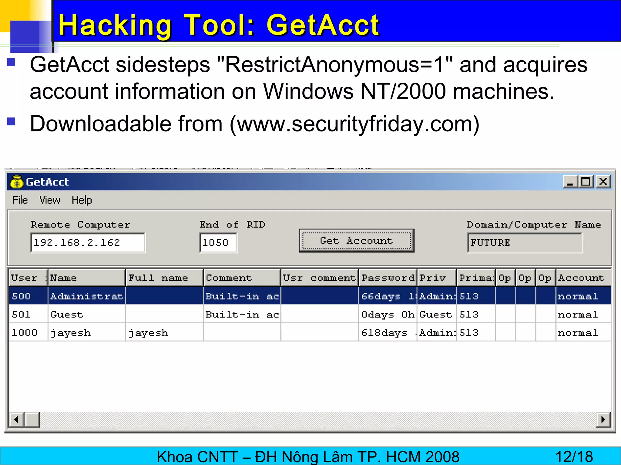 Hacking Tool: GetAcct GetAcct sidesteps &quot;RestrictAnonymous=1&quot; and acquires account information on Windows NT/2000 machines.  Downloadable from (www.securityfriday.com) 