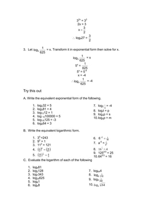 32x = 33
                                           2x = 3
                                               3
                                           x=
                                               2
                                                     3
                                       ∴ log927 =
                                                     2

                1
3. Let log 5       = x. Transform it in exponential form then solve for x.
               625
                                                1
                                        log 5        =x
                                              625
                                                   1
                                          5x =
                                                 625
                                           5x = 5-4
                                            x = -4
                                                 1
                                      ∴ log 5        = -4
                                               625

Try this out
A. Write the equivalent exponential form of the following.

        1.   log232 = 5                                  7. log2 1 = -4
                                                                    16
        2.   log381 = 4
                                                         8. logrt = p
        3.   log1212 = 1
                                                         9. logap = s
        4.   log 10100000 = 5
                                                         10. logqp = m
        5.   log1/5125 = -3
        6.   log464 = 3

B. Write the equivalent logarithmic form.

        1. 35 =243                                       6. 6 −2 = 36 1

        2. 90 = 1
                                                         7. a-5 = a15
        3. 112 = 121
        4. ( 3 ) = (16 )
                                                                1
             2 4                                         8. 16 2 = 4
                    81
                                                         9. 1252/3 = 25
        5.   (16 )
               9
                     1
                      2
                          =   4
                              3                          10. 642/3 = 16
C. Evaluate the logarithm of each of the following

   1.   log981
   2.   log2128                                      7. log644
   3.   log7343                                      8. log 6 216
                                                               1

   4.   log25625                                     9. log4 256
                                                              1
   5.   log81
   6.   log48                                        10. log 8 5 64
 