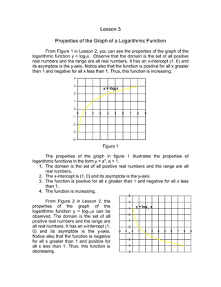 Lesson 3

            Properties of the Graph of a Logarithmic Function
        From Figure 1 in Lesson 2, you can see the properties of the graph of the
logarithmic function y = log2x. Observe that the domain is the set of all positive
real numbers and the range are all real numbers. It has an x-intercept (1. 0) and
its asymptote is the y-axis. Notice also that the function is positive for all x greater
than 1 and negative for all x less than 1. Thus, this function is increasing.
                       4

                       3
                                           y = log2x
                       2

                       1

                       0
                           0   1   2   3     4   5        6         7       8    9
                      -1

                      -2

                      -3

                      -4

                                           Figure 1

        The properties of the graph in figure 1 illustrates the properties of
logarithmic functions in the form y = ax, a > 1.
   1. The domain is the set of all positive real numbers and the range are all
        real numbers.
   2. The x-intercept is (1. 0) and its asymptote is the y-axis.
   3. The function is positive for all x greater than 1 and negative for all x less
        than 1.
   4. The function is increasing.
                                                                   5
        From Figure 2 in Lesson 2, the                             4
properties of the graph of the                                     3        y = log 1 x
logarithmic function y = log1/2x can be                                              2

                                                                   2
observed. The domain is the set of all
positive real numbers and the range are                            1

all real numbers. It has an x-intercept (1.                        0
0) and its asymptote is the y-axis.                  -2       -1
                                                                   -1
                                                                        0    1   2       3   4   5   6   7   8   9
Notice also that the function is negative
                                                                   -2
for all x greater than 1 and positive for
all x less than 1. Thus, this function is                          -3

decreasing.                                                        -4
 