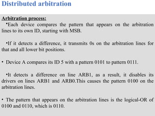 Distributed arbitration
Arbitration process:
•Each device compares the pattern that appears on the arbitration
lines to its own ID, starting with MSB.
•If it detects a difference, it transmits 0s on the arbitration lines for
that and all lower bit positions.
• Device A compares its ID 5 with a pattern 0101 to pattern 0111.
•It detects a difference on line ARB1, as a result, it disables its
drivers on lines ARB1 and ARB0.This causes the pattern 0100 on the
arbitration lines.
• The pattern that appears on the arbitration lines is the logical-OR of
0100 and 0110, which is 0110.
 