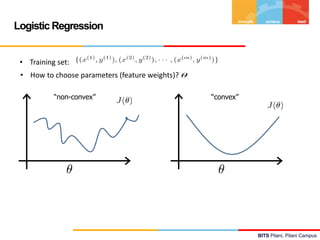 BITS Pilani, Pilani Campus
BITS Pilani, Pilani Campus
Logistic Regression
• Training set:
• How to choose parameters (feature weights)?
“non-convex” “convex”
 