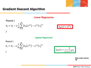 BITS Pilani, Pilani Campus
Linear Regression
Repeat {
𝜃𝑗 ≔ 𝜃𝑗 − 𝛼
1
𝑚
𝑖=1
𝑚
ℎ𝜃 𝑥 𝑖
− 𝑦(𝑖)
𝑥𝑗
(𝑖)
}
Logistic Regression
Repeat {
𝜃𝑗 ≔ 𝜃𝑗 − 𝛼
1
𝑚
𝑖=1
𝑚
ℎ𝜃 𝑥 𝑖
− 𝑦(𝑖)
𝑥𝑗
(𝑖)
}
ℎ𝜃 𝑥 = 𝜃⊤
𝑥
ℎ𝜃 𝑥 =
1
1 + 𝑒−𝜃⊤𝑥
Slide credit: Andrew
Ng
Gradient Descent Algorithm
 