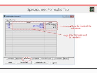Spreadsheet Formulas Tab
Show the results of the
calculation
Show Formulas used
for calculation
 