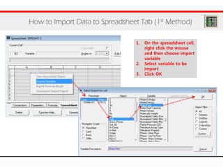 How to Import Data to Spreadsheet Tab (1st Method)
1. On the spreadsheet cell,
right click the mouse
and then choose import
variable
2. Select variable to be
import
3. Click OK
 