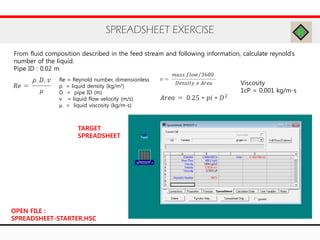 SPREADSHEET EXERCISE
From fluid composition described in the feed stream and following information, calculate reynold’s
number of the liquid.
Pipe ID : 0.02 m
TARGET
SPREADSHEET
OPEN FILE :
SPREADSHEET-STARTER.HSC
Re = Reynold number, dimensionless
ρ = liquid density (kg/m3)
D = pipe ID (m)
v = liquid flow velocity (m/s)
μ = liquid viscosity (kg/m-s)
Viscosity
1cP = 0.001 kg/m-s
 