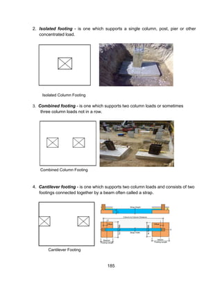 185
2. Isolated footing - is one which supports a single column, post, pier or other
concentrated load.
Isolated Column Footing
3. Combined footing - is one which supports two column loads or sometimes
three column loads not in a row.
Combined Column Footing
4. Cantilever footing - is one which supports two column loads and consists of two
footings connected together by a beam often called a strap.
Cantilever Footing
 