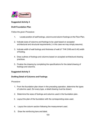 191
Suggested Activity 4
Draft Foundation Plan
Follow the given Procedure:
1. Locate position of wall footings, columns and column footings on the Floor Plan.
2. Indicate sizes of columns and footings to be used based on accepted
architectural and structural requirements ( in this case we may simply assume).
3. Indicate width of wall footings and thickness of wall (4” THK CHB and 0.40) width
of footing.
4. Draw outlines of footings and columns based on accepted architectural drawing
practices.
5. Finalize the drawing by completing the specifications for the detail drawing of
footings and columns.
Suggested Activity 5
Drafting Detail of Columns and Footings
Procedure:
1. From the foundation plan drawn in the preceding operation, determine the types
of columns used. (for every type, a detail drawing must be drawn)
2. Determine the sizes of footings and columns used in the foundation plan.
3. Layout the plan of the foundation with the corresponding sizes used.
4. Layout the column section following the measurement used.
5. Draw the reinforcing bars and label.
 